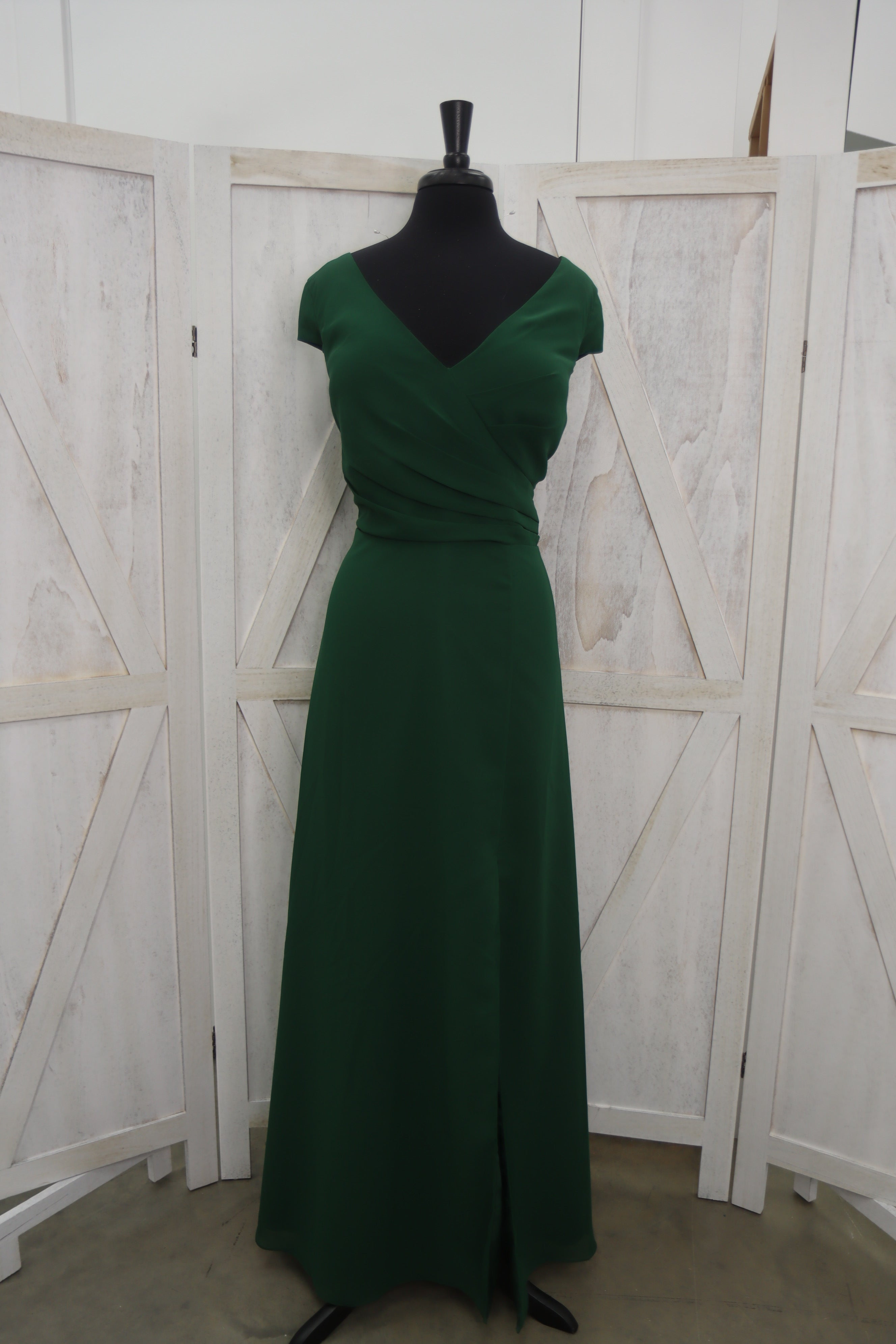 Emerald Green V-Neck Wrap Bodice Cap Sleeve A-Line Mother of the Bride Gown