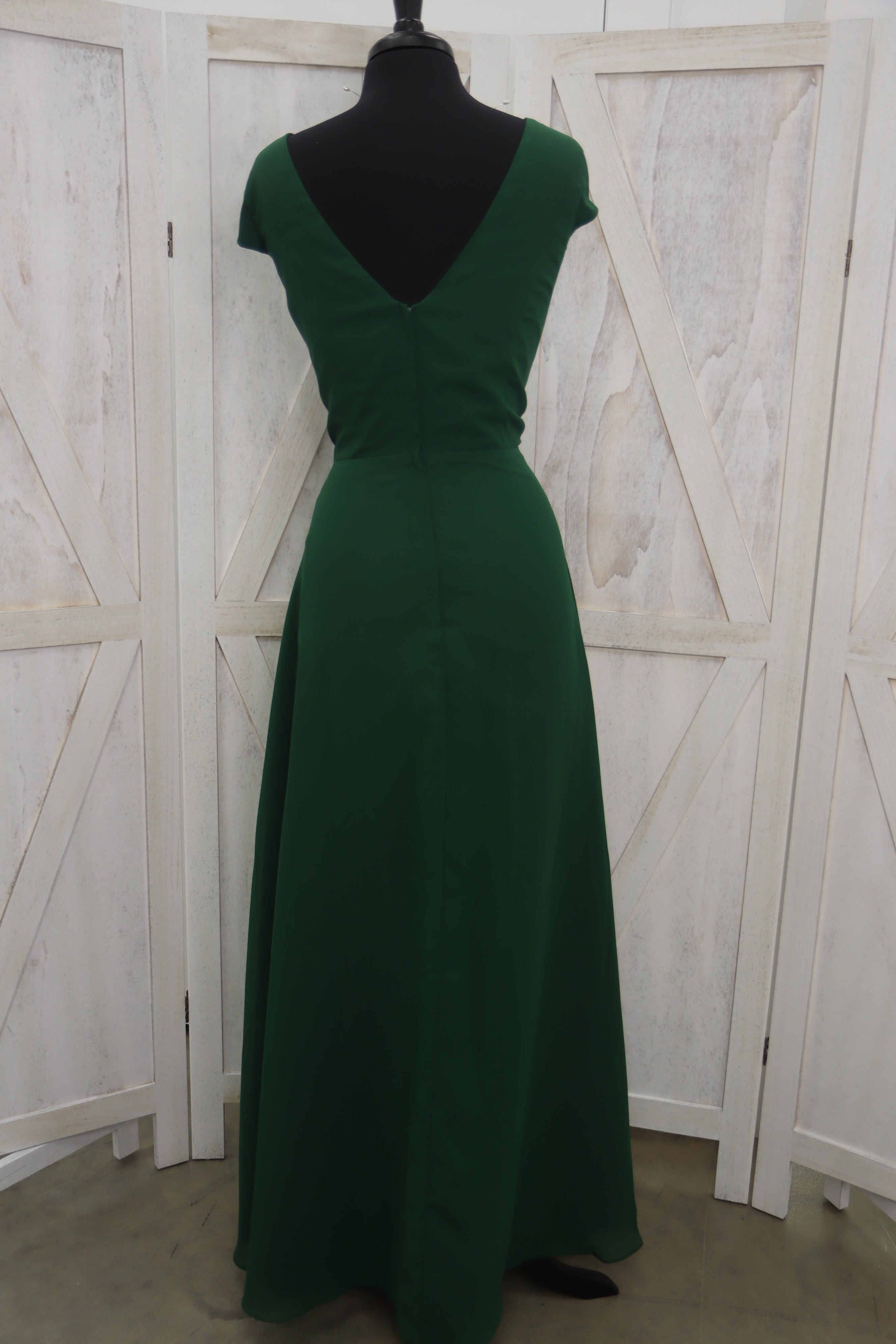 Emerald Green V-Neck Wrap Bodice Cap Sleeve A-Line Mother of the Bride Gown