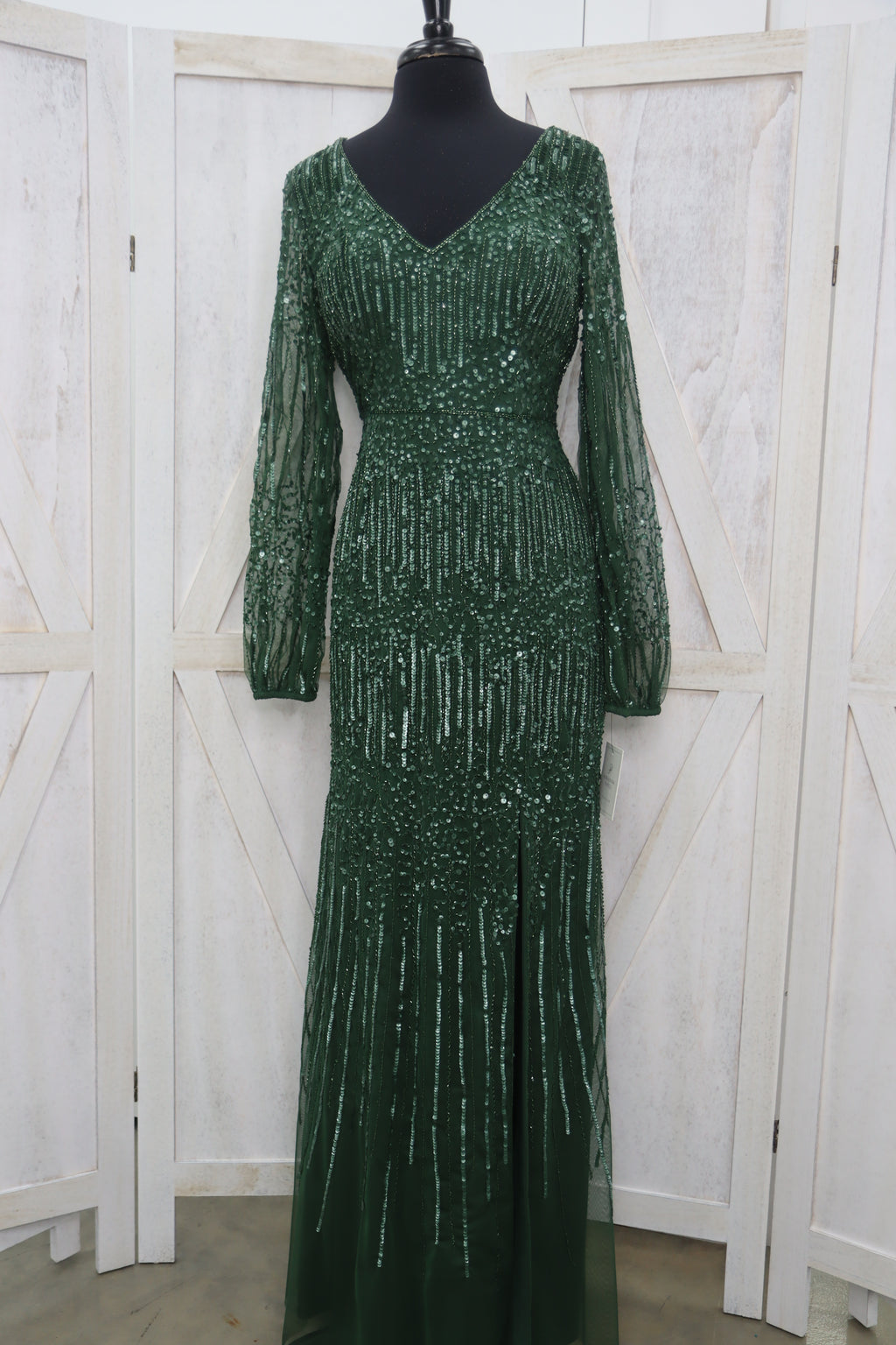 Emerald Green Fully Beaded V-Neck Bishop Sleeve Mermaid Mother of the Bride Gown