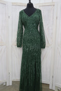 Emerald Green Fully Beaded V-Neck Bishop Sleeve Mermaid Mother of the Bride Gown